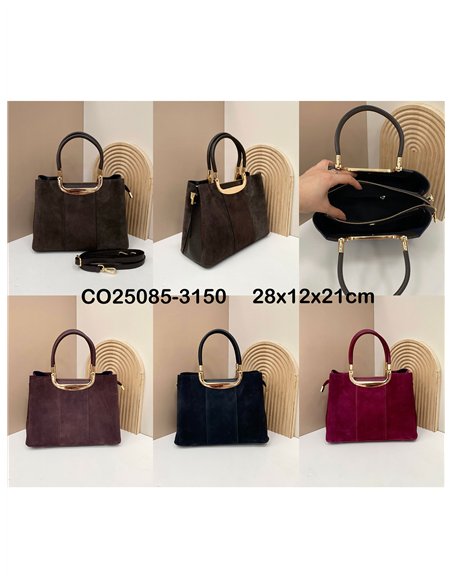 Bolso mano piel serraje con asa metálica