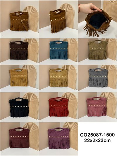 Bolso de mano piel serraje con flecos y tachuelas