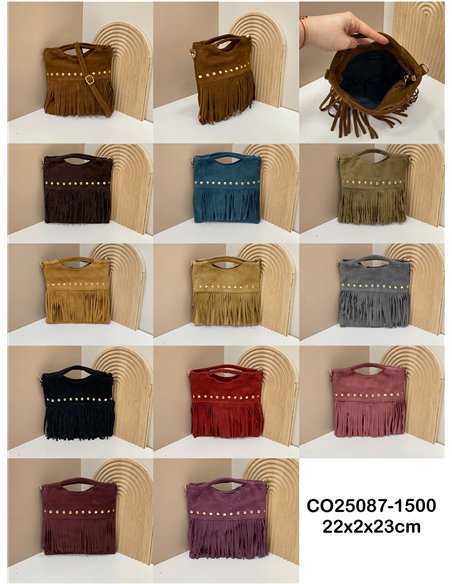Bolso de mano piel serraje con flecos y tachuelas