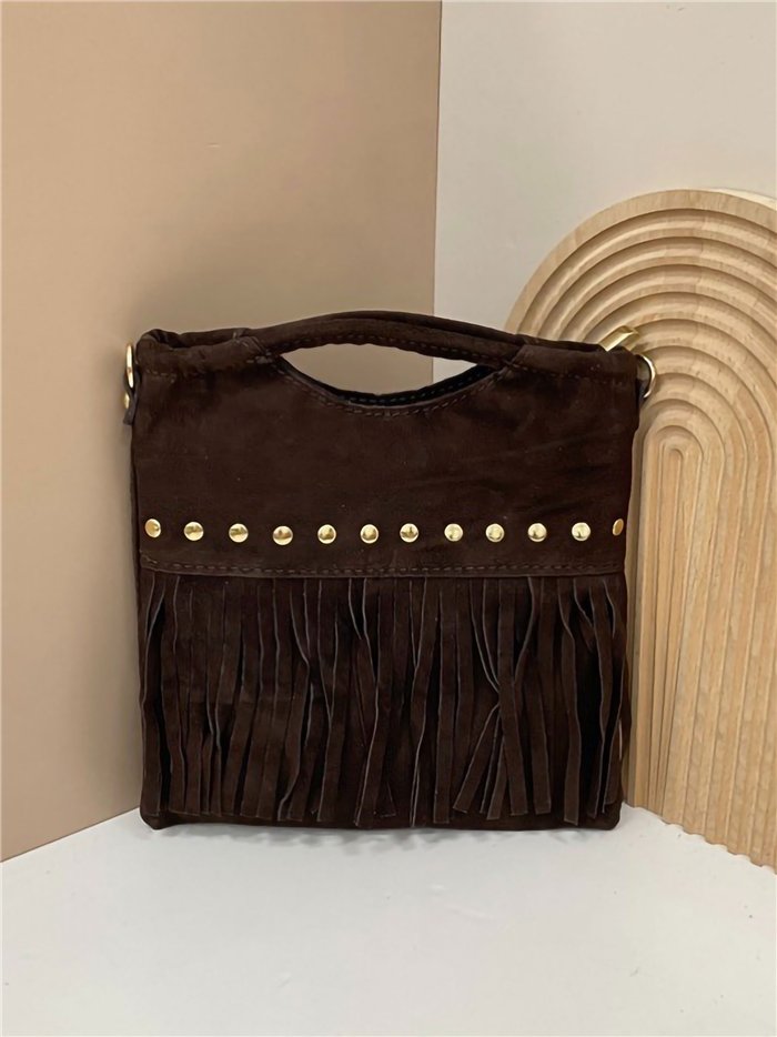 Bolso de mano piel serraje con flecos y tachuelas