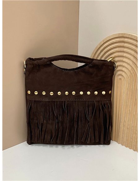 Bolso de mano piel serraje con flecos y tachuelas