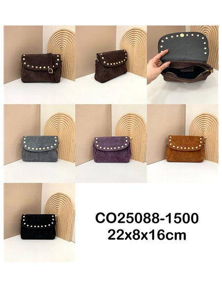 Bolso bandolera piel serraje solapa con tachas