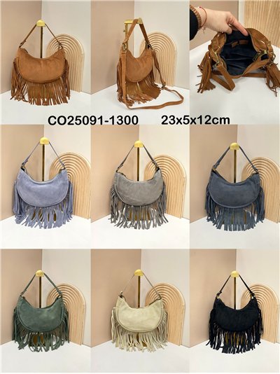 Bolso bandolera media luna piel serraje con flecos