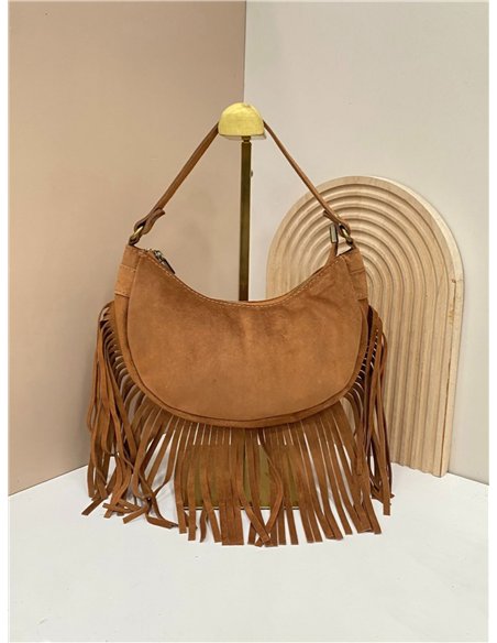 Bolso bandolera media luna piel serraje con flecos