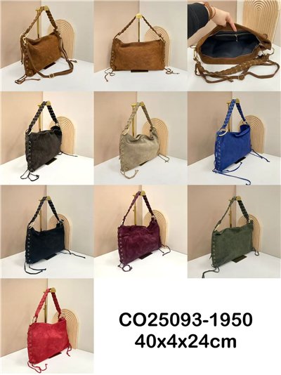 Bolso de hombro piel serraje con asa trenzada y laterales con cordones