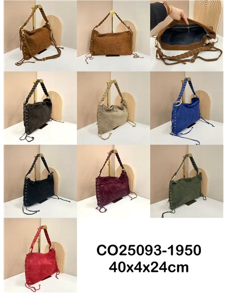 Bolso de hombro piel serraje con asa trenzada y laterales con cordones