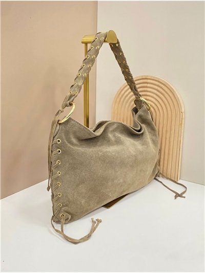 Bolso de hombro piel serraje con asa trenzada y laterales con cordones 2