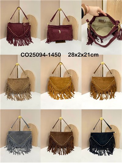 Bolso de hombro piel serraje con flecos y solapa en V