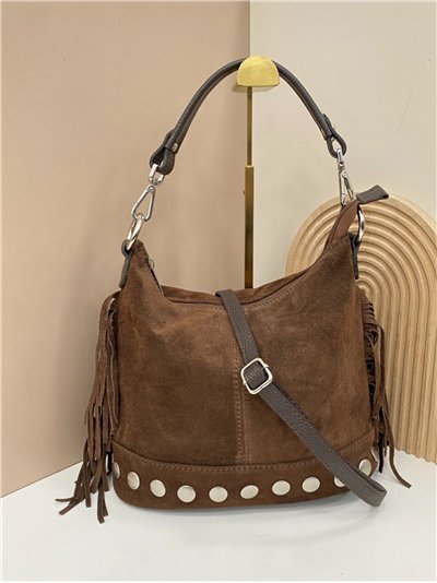 Split leather hobo bag with fringes and stud detail 2