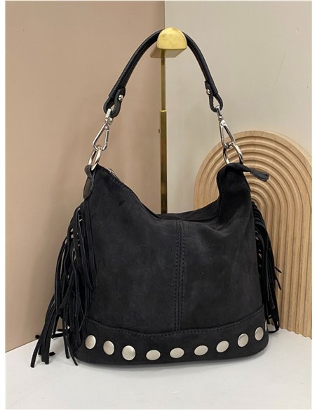 Bolso hobo de piel serraje con flecos y tachuelas