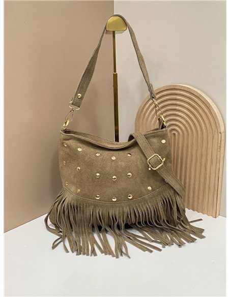 Bolso de hombro piel serraje con flecos y tachuelas frontales