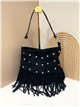Bolso de hombro piel serraje con flecos y tachuelas frontales