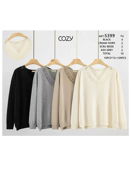 Jersey escote pico con guipur