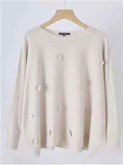 Knit sweater with 3d flower appliqués