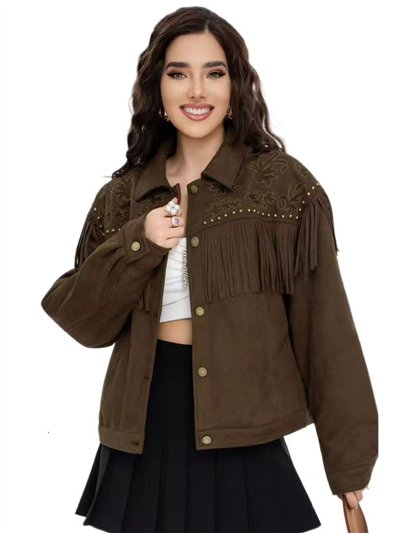 Chaqueta bordada acolchada efecto ante con flecos