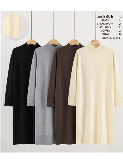 Vestido de punto cuello alto con perlas en puños 2