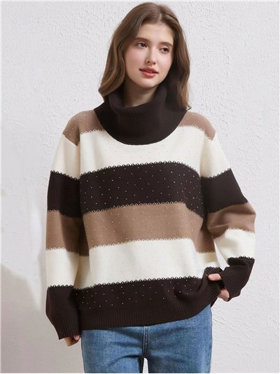 Roll neck striped sweater with rhinestone