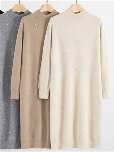 Vestido de punto con perlas cuello perkins