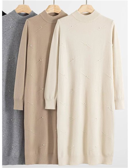 High neck Knit dress with pearls