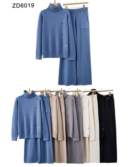 Conjunto Jersey canalé cuello vuelto + Pantalón bolsillo