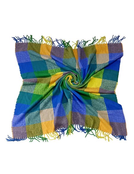 Bufanda cuadrada cuadros multicolor con flecos