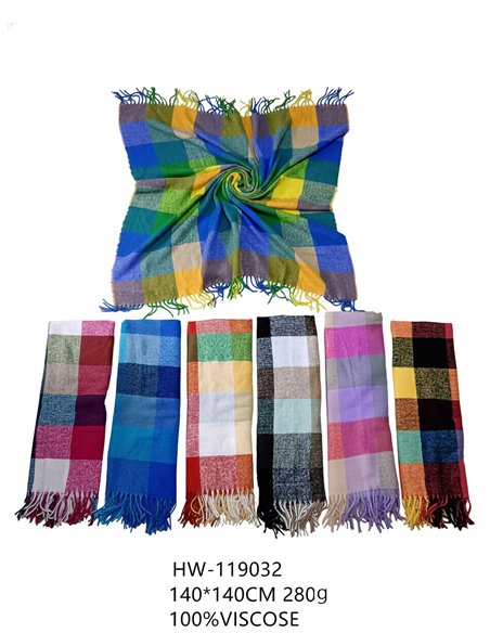 Bufanda cuadrada cuadros multicolor con flecos