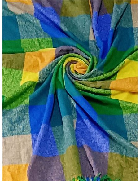 Bufanda cuadrada cuadros multicolor con flecos