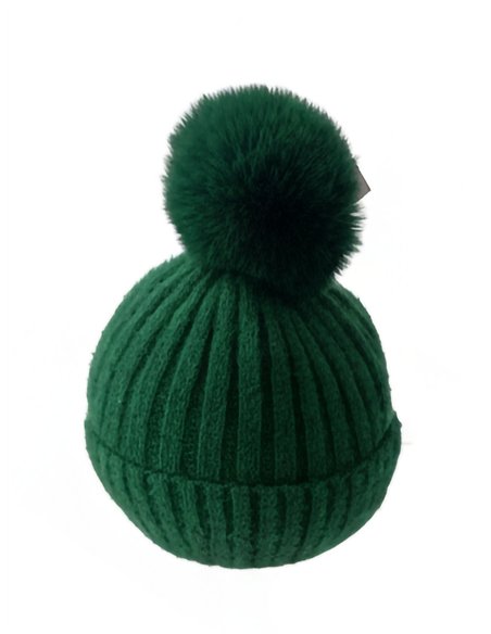 Gorro de punto canalé afelpado con pompón básico