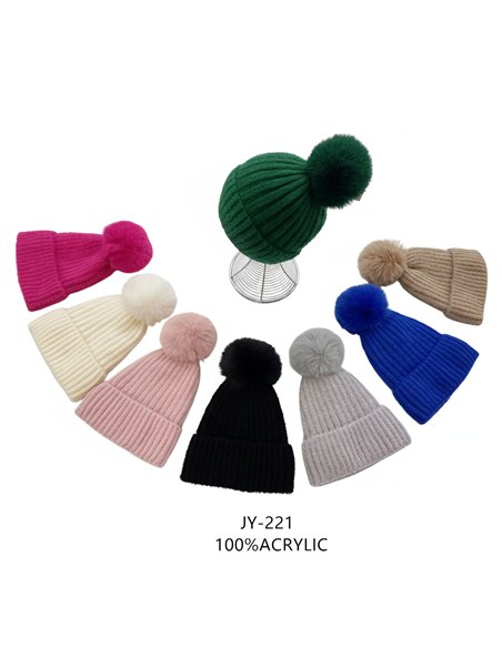 Gorro de punto canalé afelpado con pompón básico