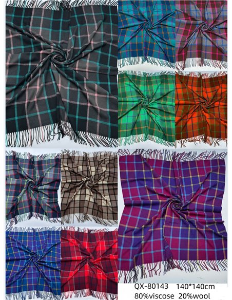 Bufanda cuadrada cuadros con flecos