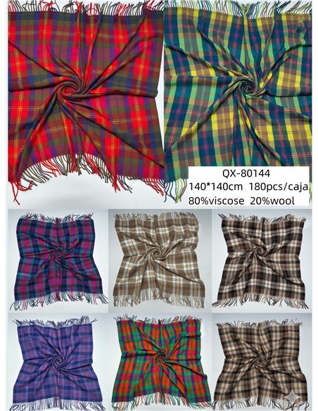 Pañuelo cuadrado cuadros multicolor con flecos