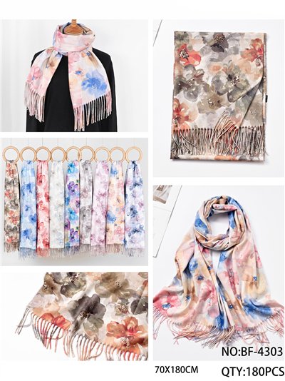 Bufanda estampado floral acuarela flecos 2