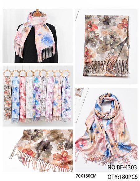 Bufanda estampado floral acuarela flecos