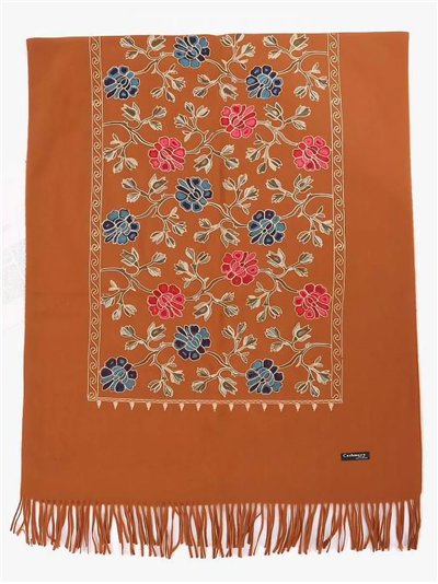 Bufanda bordada flores multicolor flecos