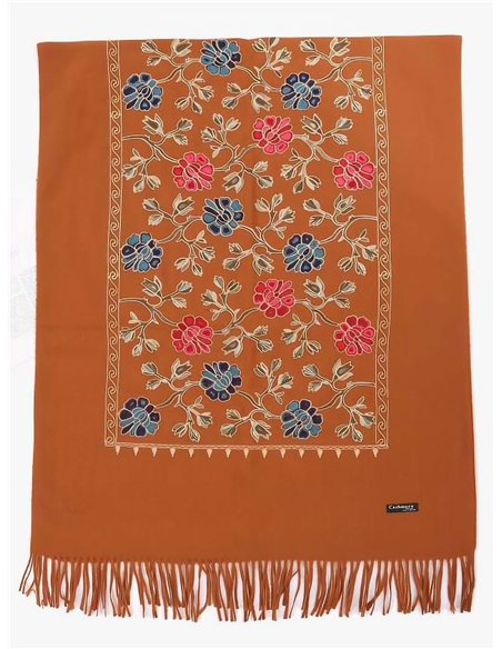 Bufanda bordada flores multicolor flecos