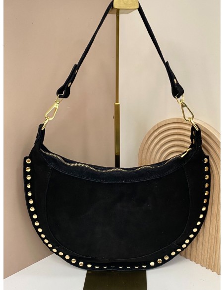 Bolso media luna piel serraje con tachuelas