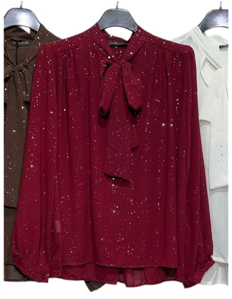 Blusa fiesta amplia gasa con brillo cuello lazo