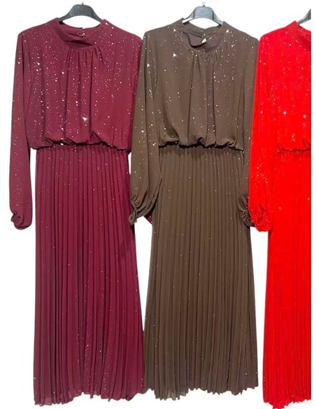 Vestido fiesta largo plisado gasa con brillo