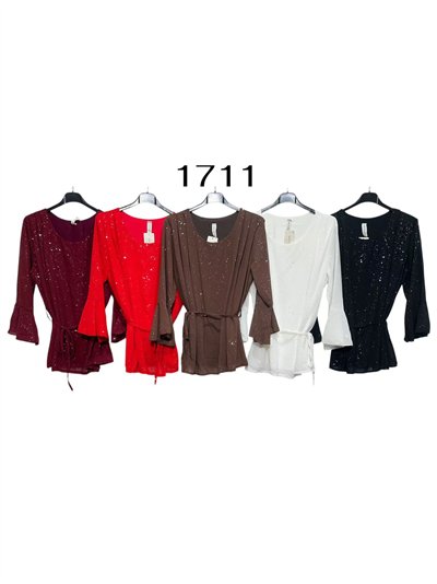 Blusa fiesta gasa con brillo manga acampanada