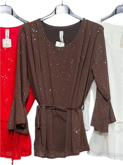Blusa fiesta gasa con brillo manga acampanada 2