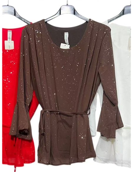 Blusa fiesta gasa con brillo manga acampanada