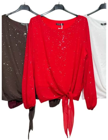 Blusa fiesta amplia gasa con brillo nudo