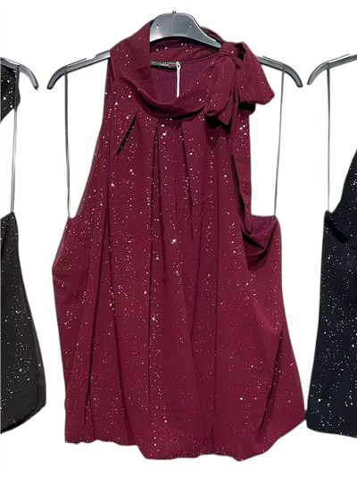 Top fiesta gasa con brillo lazada al cuello  2