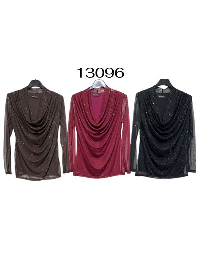 Blusa fiesta de tul con brillo escote drapeado