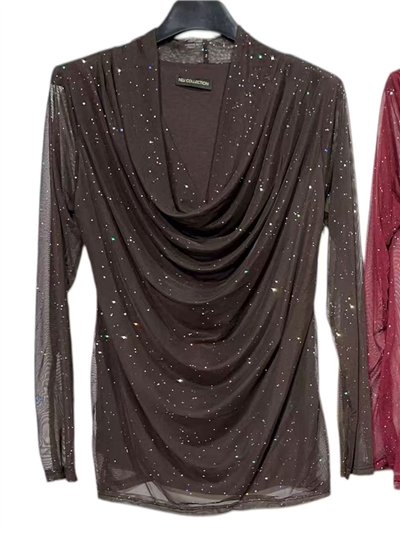 Blusa fiesta de tul con brillo escote drapeado 2