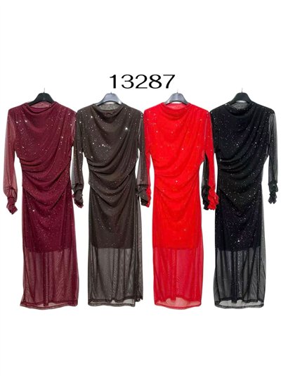 Vestido fiesta largo frunces de tul con brillo