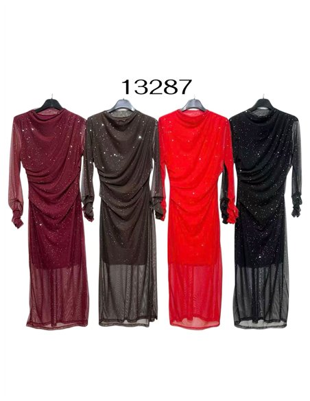 Vestido fiesta largo frunces de tul con brillo