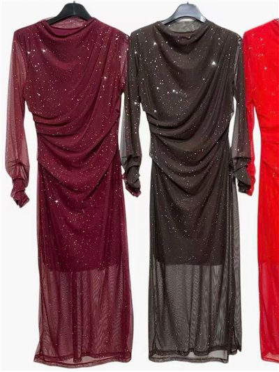 Vestido fiesta largo frunces de tul con brillo 2