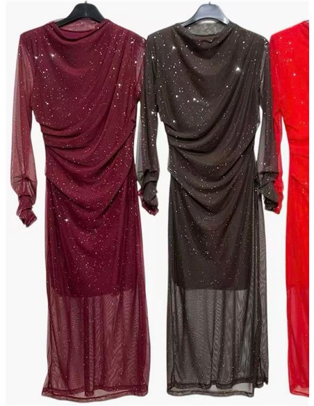 Vestido fiesta largo frunces de tul con brillo