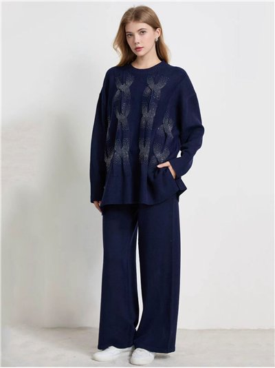 Conjunto Jersey trenzado strass talla grande + Pantalón punto